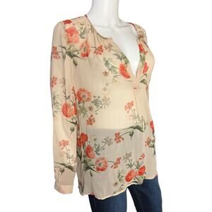 JOIE Beige Coral Silk Floral Sheer Long Sleeve Popover V-Neck Blouse Size L